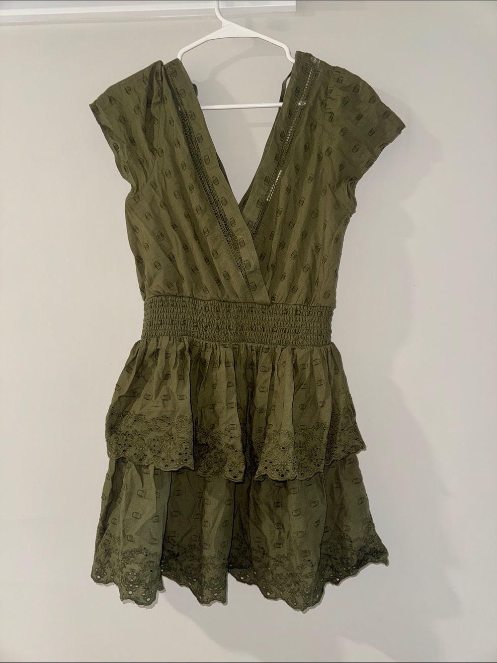American Eagle Outfitters Olive Green Tiered Eyelet Mini Dress